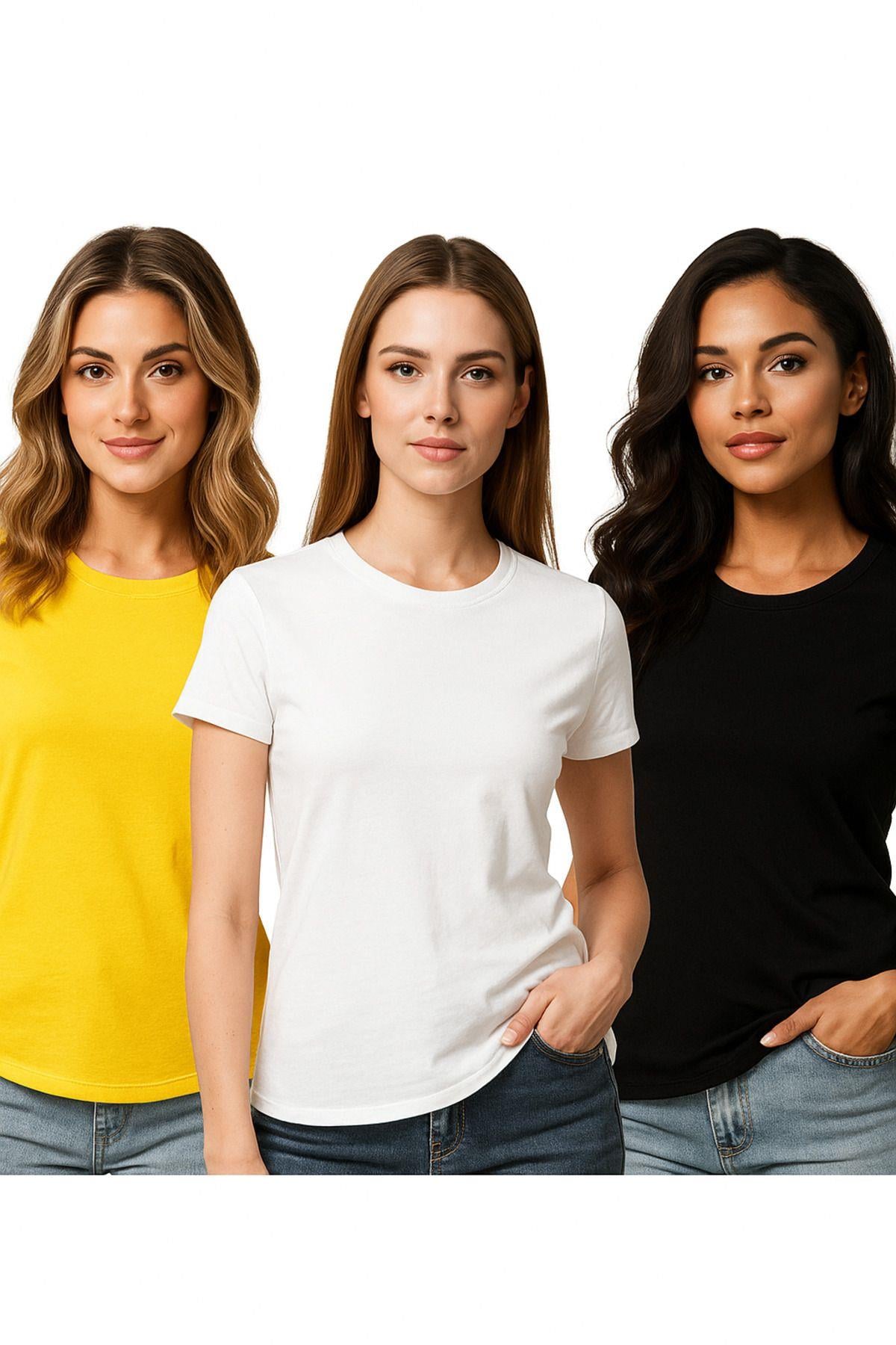 Kadın 3'lü Paket Siyah-Beyaz-Sarı %100 Organik Pamuk Normal Kesim Tişört Bisiklet Yaka T-Shirt
