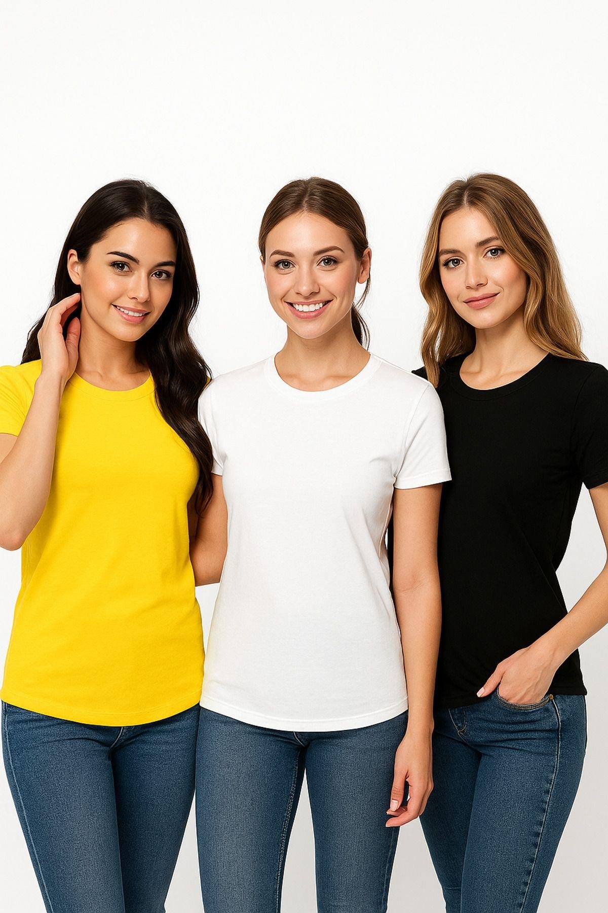 Kadın 3'lü Paket Siyah-Beyaz-Sarı %100 Organik Pamuk Normal Kesim Tişört Bisiklet Yaka T-Shirt