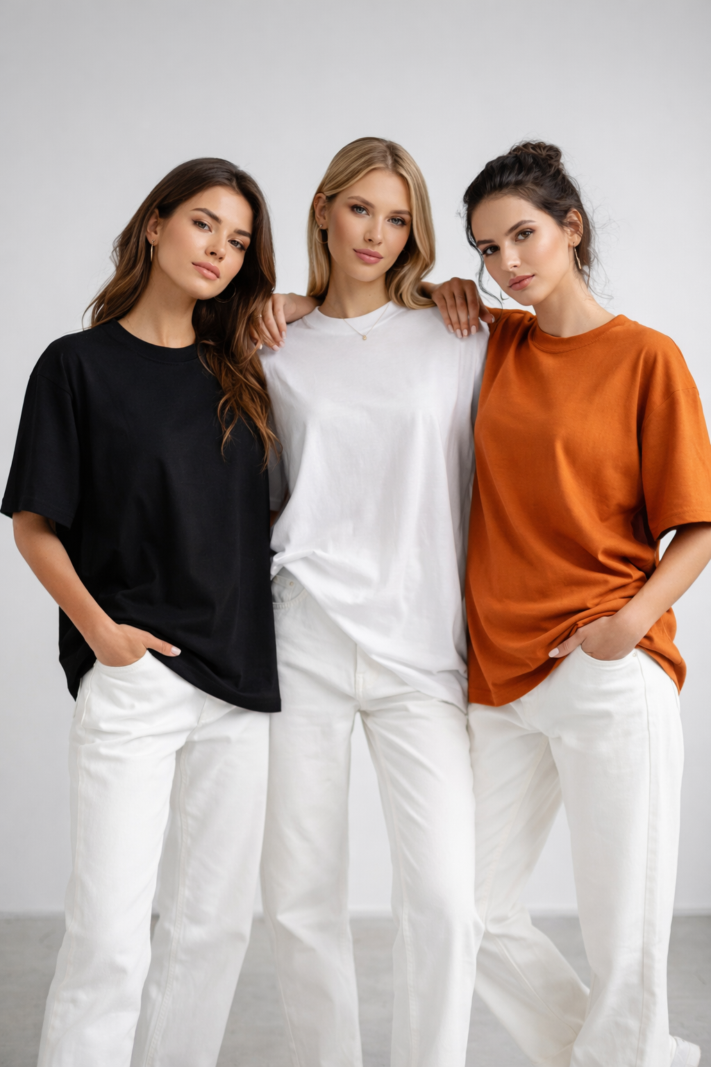Kadın 3'lü Paket Siyah-Beyaz-Turuncu %100 Pamuk Oversize Basic Tişört Bisiklet Yaka Relaxed T-Shirt