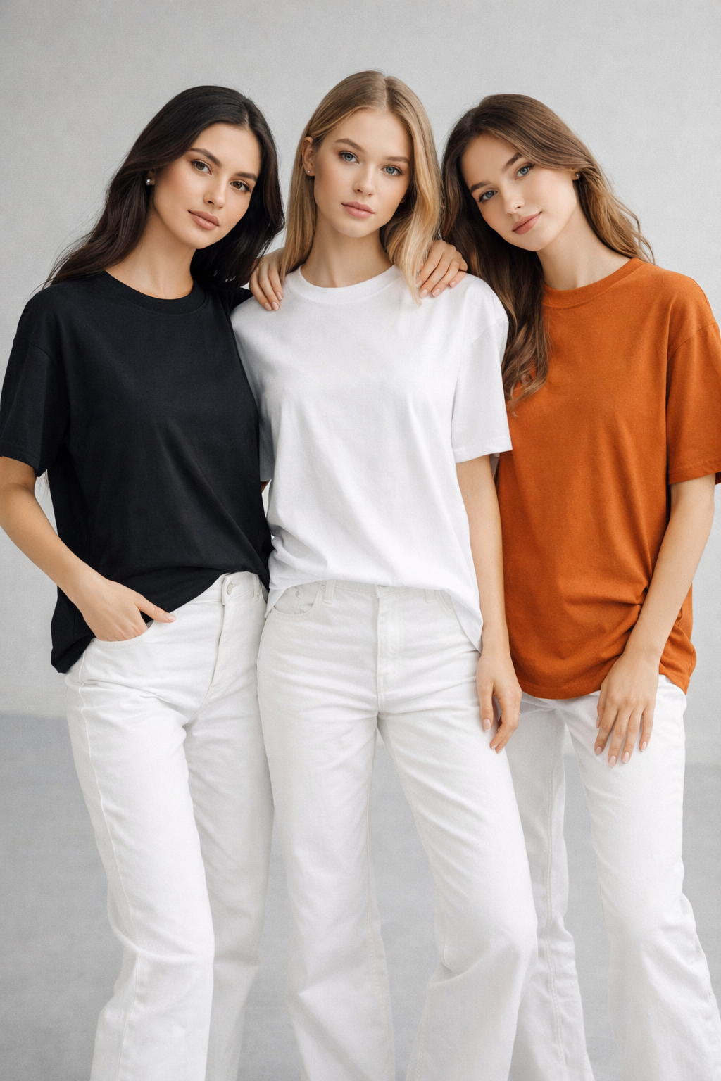 Kadın 3'lü Paket Siyah-Beyaz-Turuncu %100 Pamuk Oversize Basic Tişört Bisiklet Yaka Relaxed T-Shirt