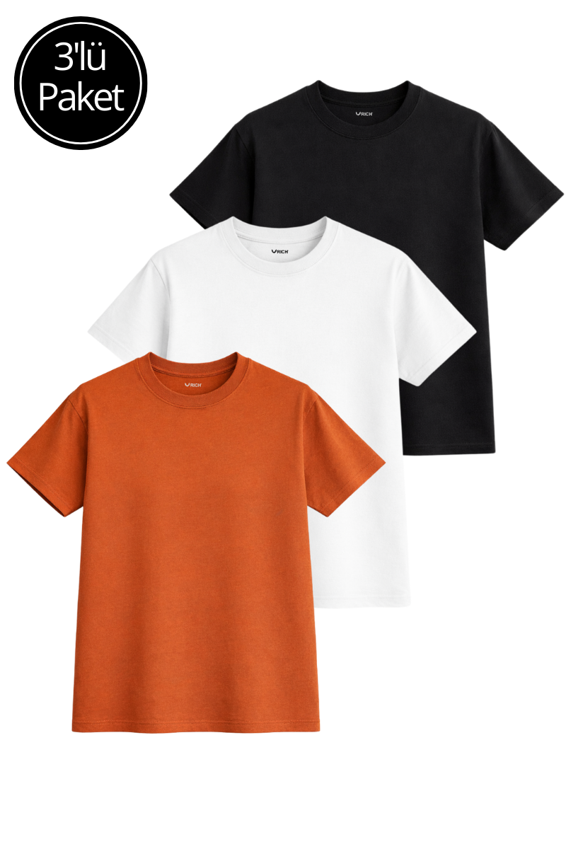 Kadın 3'lü Paket Siyah-Beyaz-Turuncu %100 Pamuk Oversize Basic Tişört Bisiklet Yaka Relaxed T-Shirt