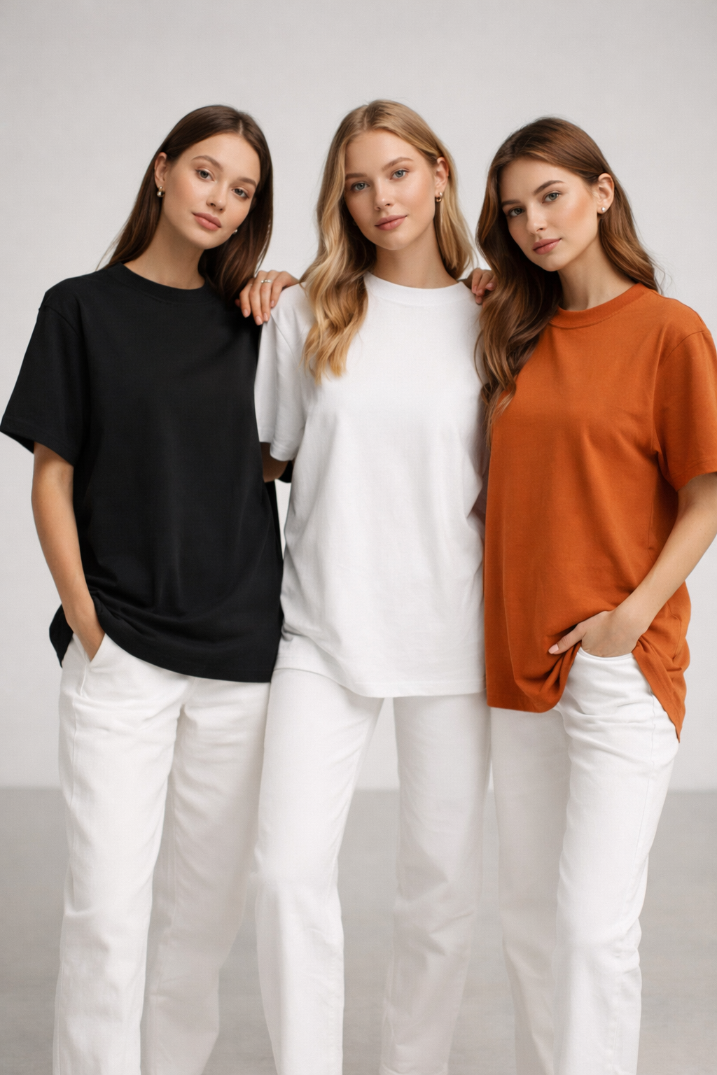 Kadın 3'lü Paket Siyah-Beyaz-Turuncu %100 Pamuk Oversize Basic Tişört Bisiklet Yaka Relaxed T-Shirt