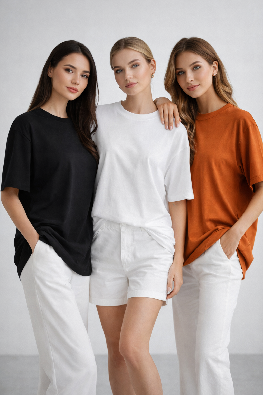 Kadın 3'lü Paket Siyah-Beyaz-Turuncu %100 Pamuk Oversize Basic Tişört Bisiklet Yaka Relaxed T-Shirt