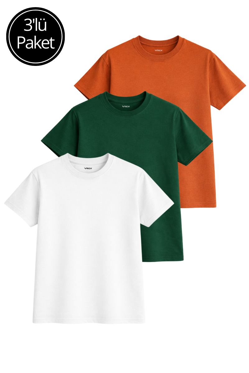 Kadın 3'lü Paket Turuncu-Yeşil-Beyaz %100 Pamuk Oversize Basic Tişört Bisiklet Yaka Relaxed T-Shirt