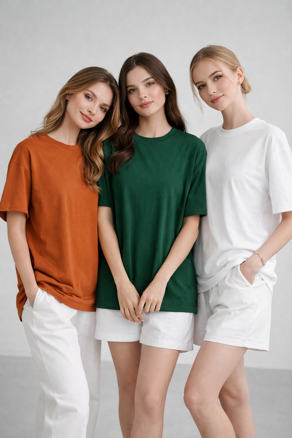 Kadın 3'lü Paket Turuncu-Yeşil-Beyaz %100 Pamuk Oversize Basic Tişört Bisiklet Yaka Relaxed T-Shirt