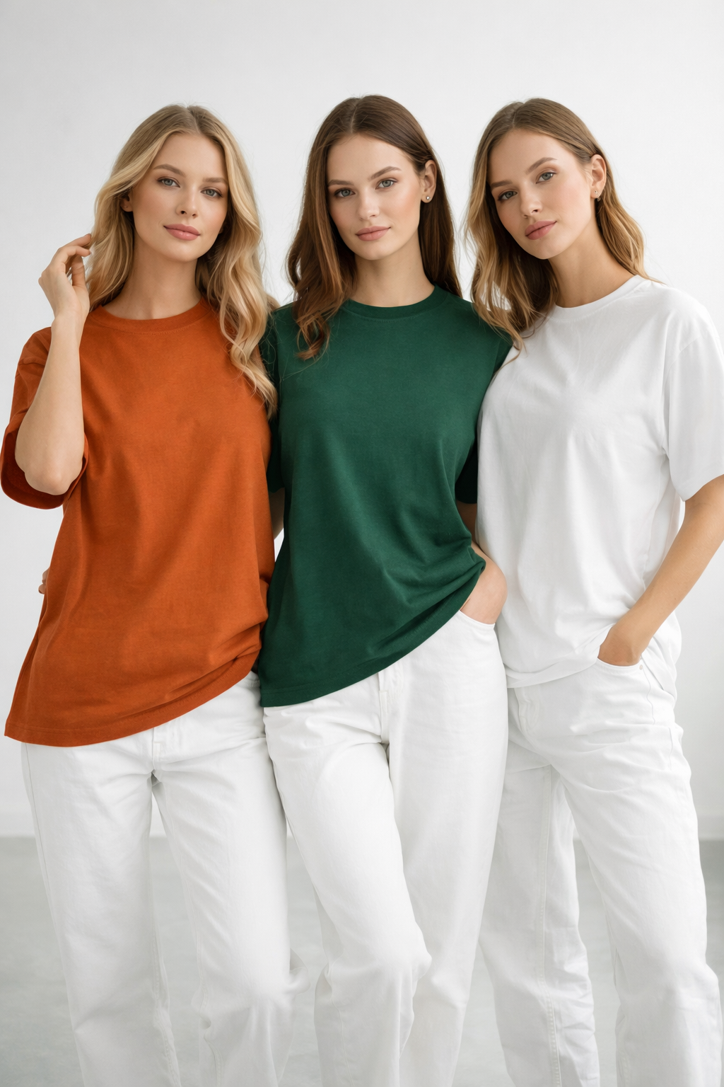 Kadın 3'lü Paket Turuncu-Yeşil-Beyaz %100 Pamuk Oversize Basic Tişört Bisiklet Yaka Relaxed T-Shirt