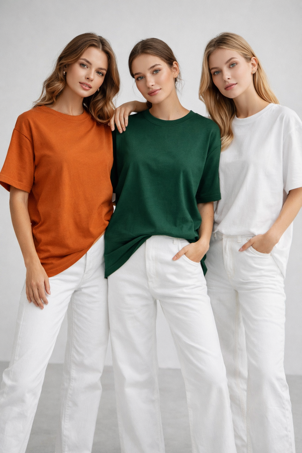 Kadın 3'lü Paket Turuncu-Yeşil-Beyaz %100 Pamuk Oversize Basic Tişört Bisiklet Yaka Relaxed T-Shirt