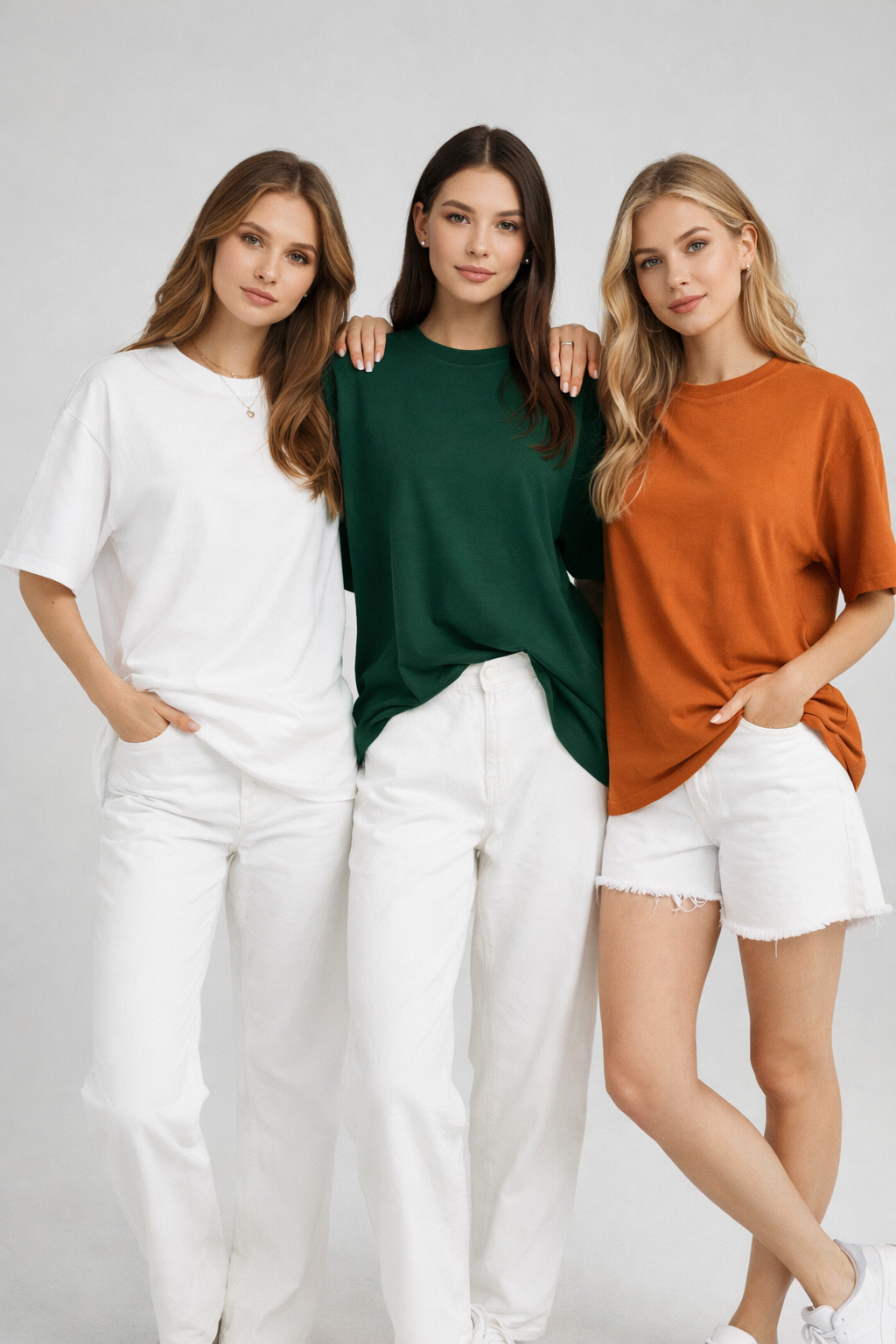 Kadın 3'lü Paket Turuncu-Yeşil-Beyaz %100 Pamuk Oversize Basic Tişört Bisiklet Yaka Relaxed T-Shirt