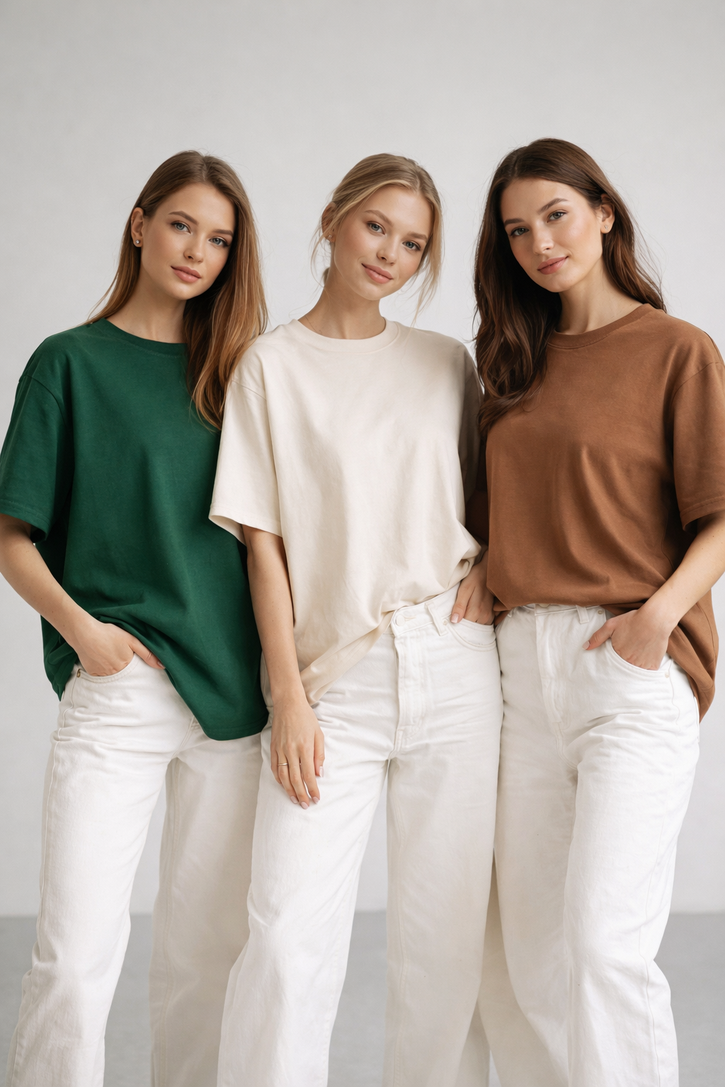 Kadın 3'lü Paket Yeşil-Bej-Kahve %100 Pamuk Oversize Basic Tişört Bisiklet Yaka Relaxed T-Shirt