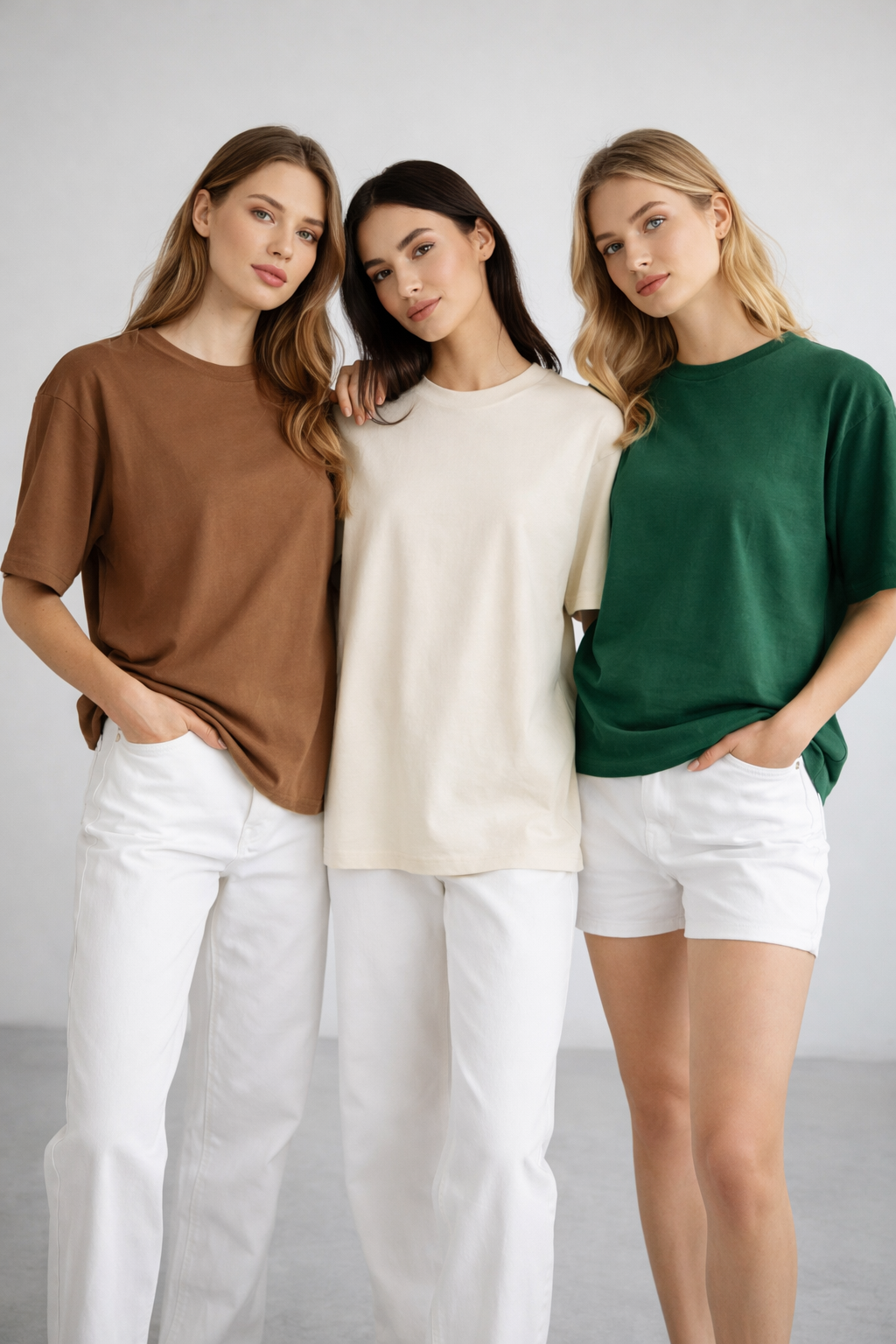 Kadın 3'lü Paket Yeşil-Bej-Kahve %100 Pamuk Oversize Basic Tişört Bisiklet Yaka Relaxed T-Shirt