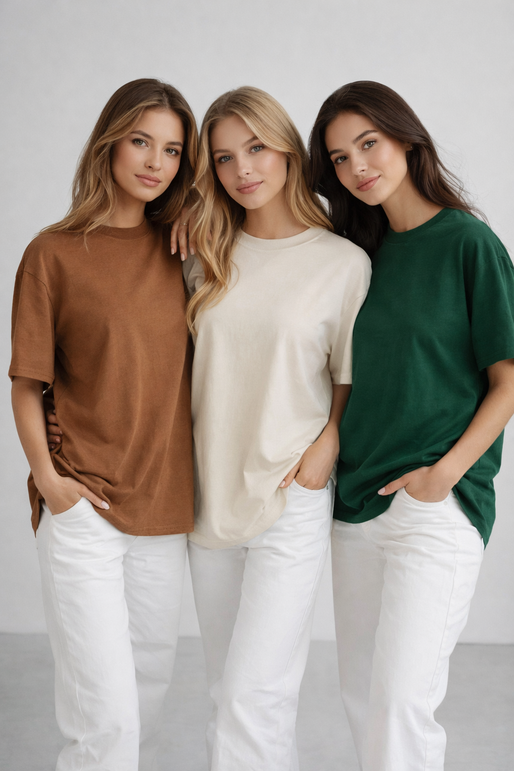 Kadın 3'lü Paket Yeşil-Bej-Kahve %100 Pamuk Oversize Basic Tişört Bisiklet Yaka Relaxed T-Shirt