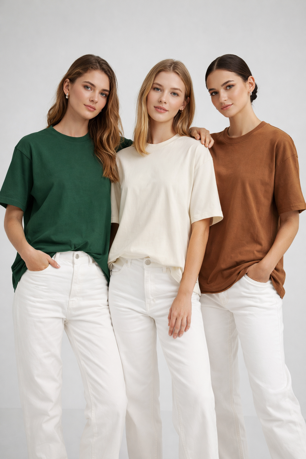 Kadın 3'lü Paket Yeşil-Bej-Kahve %100 Pamuk Oversize Basic Tişört Bisiklet Yaka Relaxed T-Shirt