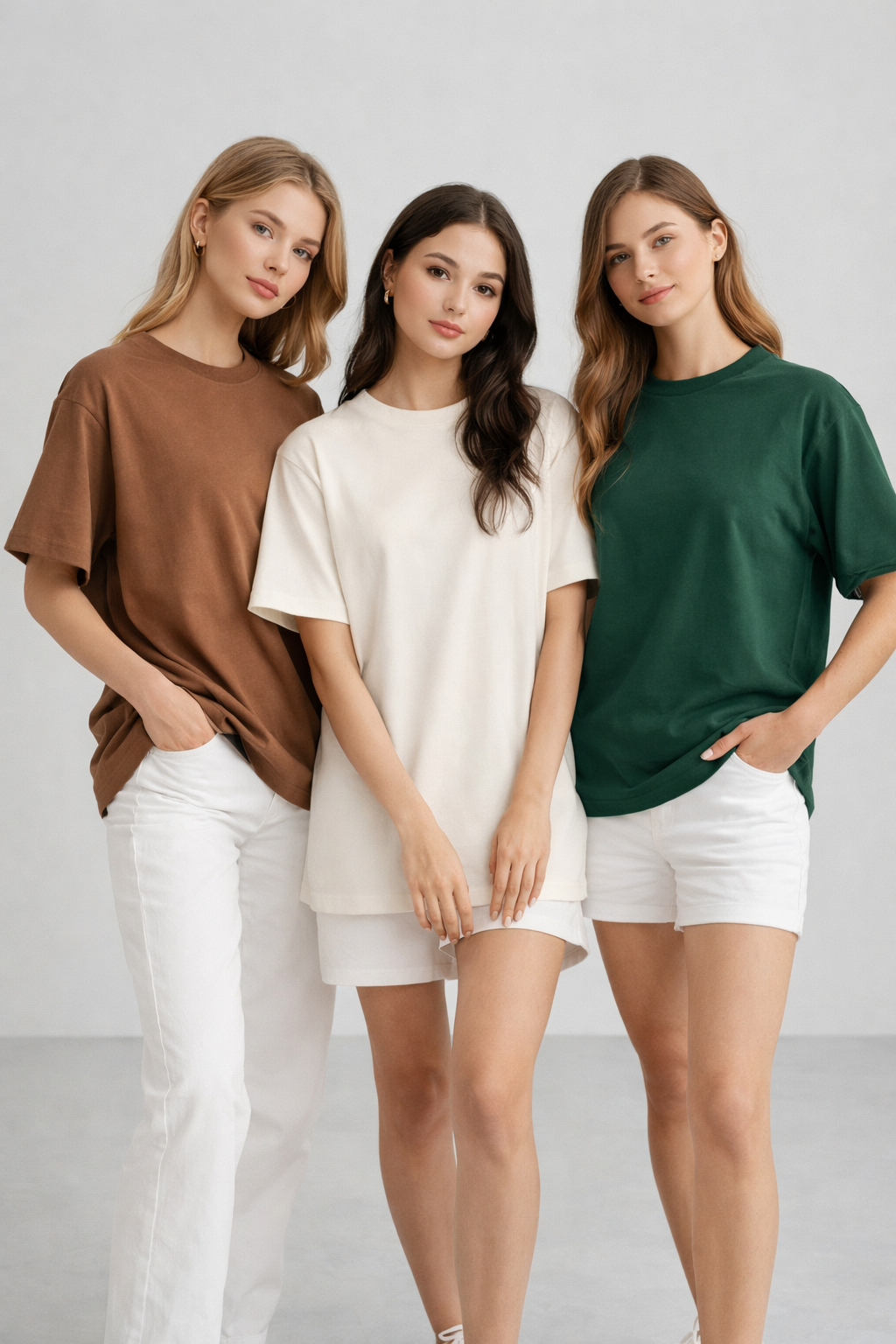 Kadın 3'lü Paket Yeşil-Bej-Kahve %100 Pamuk Oversize Basic Tişört Bisiklet Yaka Relaxed T-Shirt