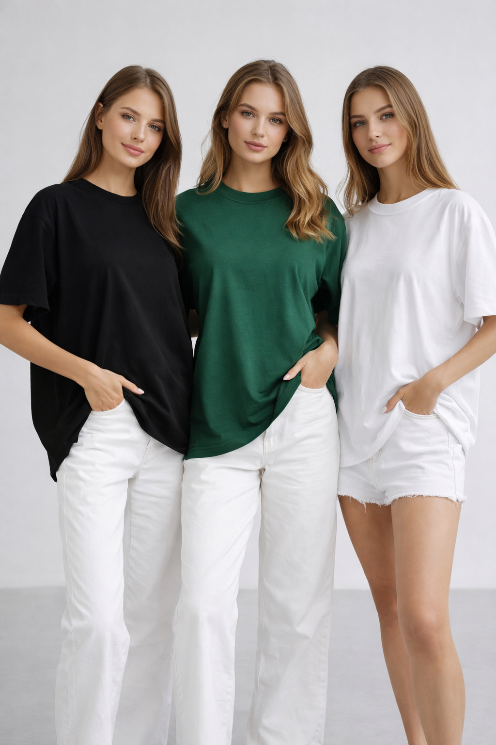 Kadın 3'lü Paket Yeşil-Beyaz-Siyah %100 Pamuk Oversize Basic Tişört Bisiklet Yaka Relaxed T-Shirt
