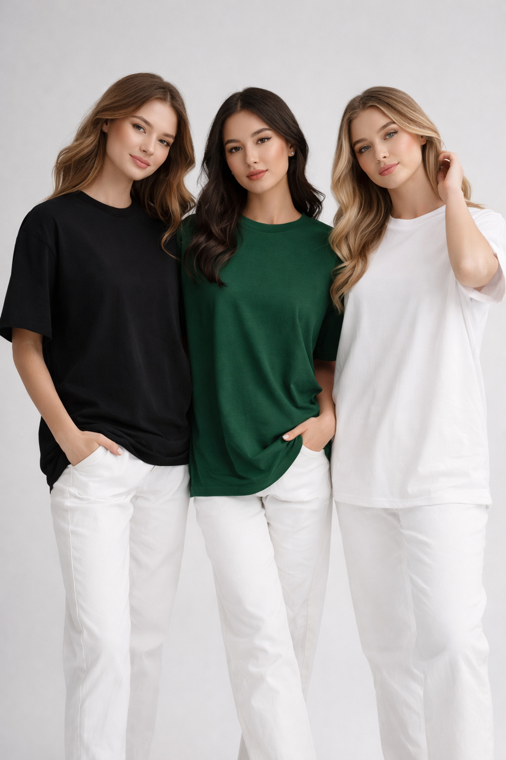 Kadın 3'lü Paket Yeşil-Beyaz-Siyah %100 Pamuk Oversize Basic Tişört Bisiklet Yaka Relaxed T-Shirt