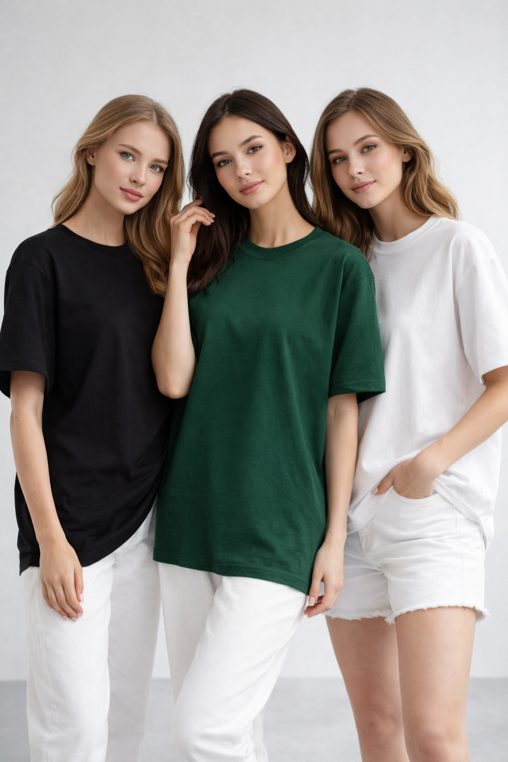 Kadın 3'lü Paket Yeşil-Beyaz-Siyah %100 Pamuk Oversize Basic Tişört Bisiklet Yaka Relaxed T-Shirt