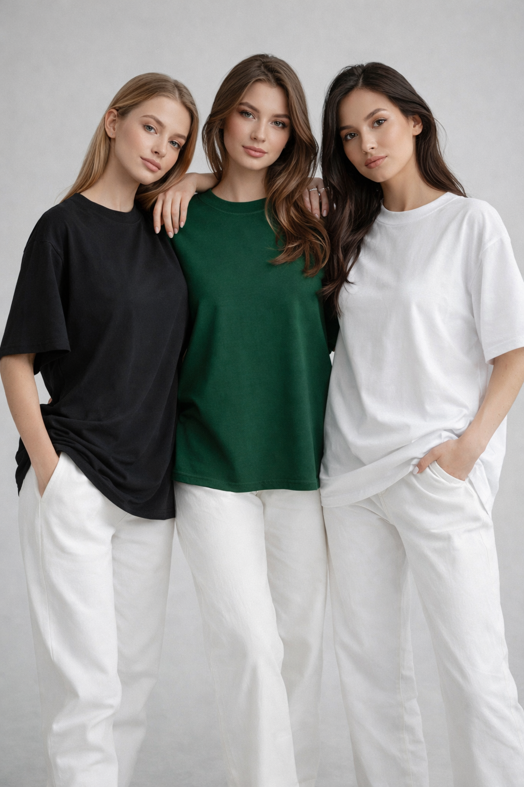 Kadın 3'lü Paket Yeşil-Beyaz-Siyah %100 Pamuk Oversize Basic Tişört Bisiklet Yaka Relaxed T-Shirt