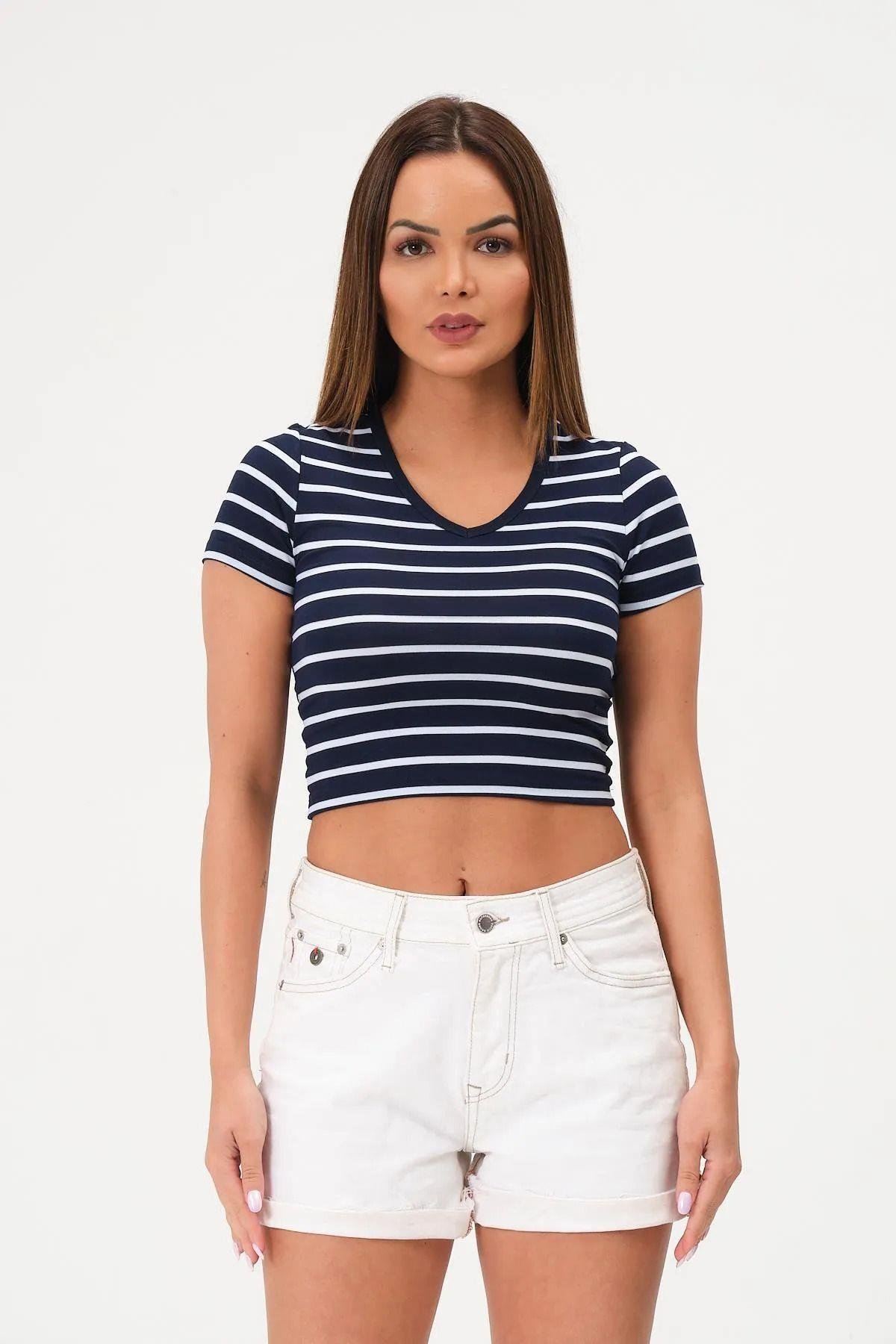 Kadın 3'lü Paket Yeşil-Pembe-Mavi Crop Tişört Pamuk V Yaka T-Shirt