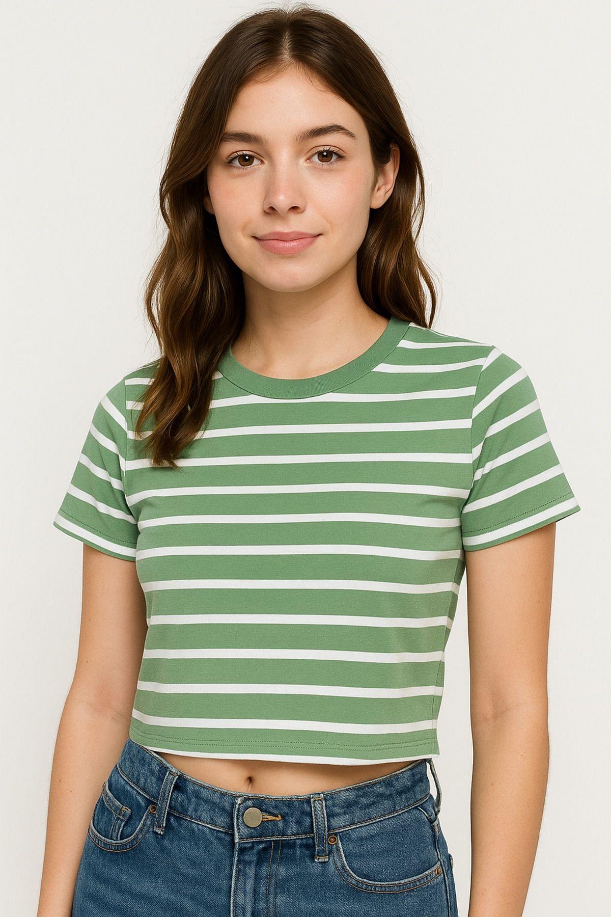 Kadın 3'lü Paket Yeşil-Pembe-Mavi Crop Tişört Pamuk Bisiklet Yaka T-Shirt