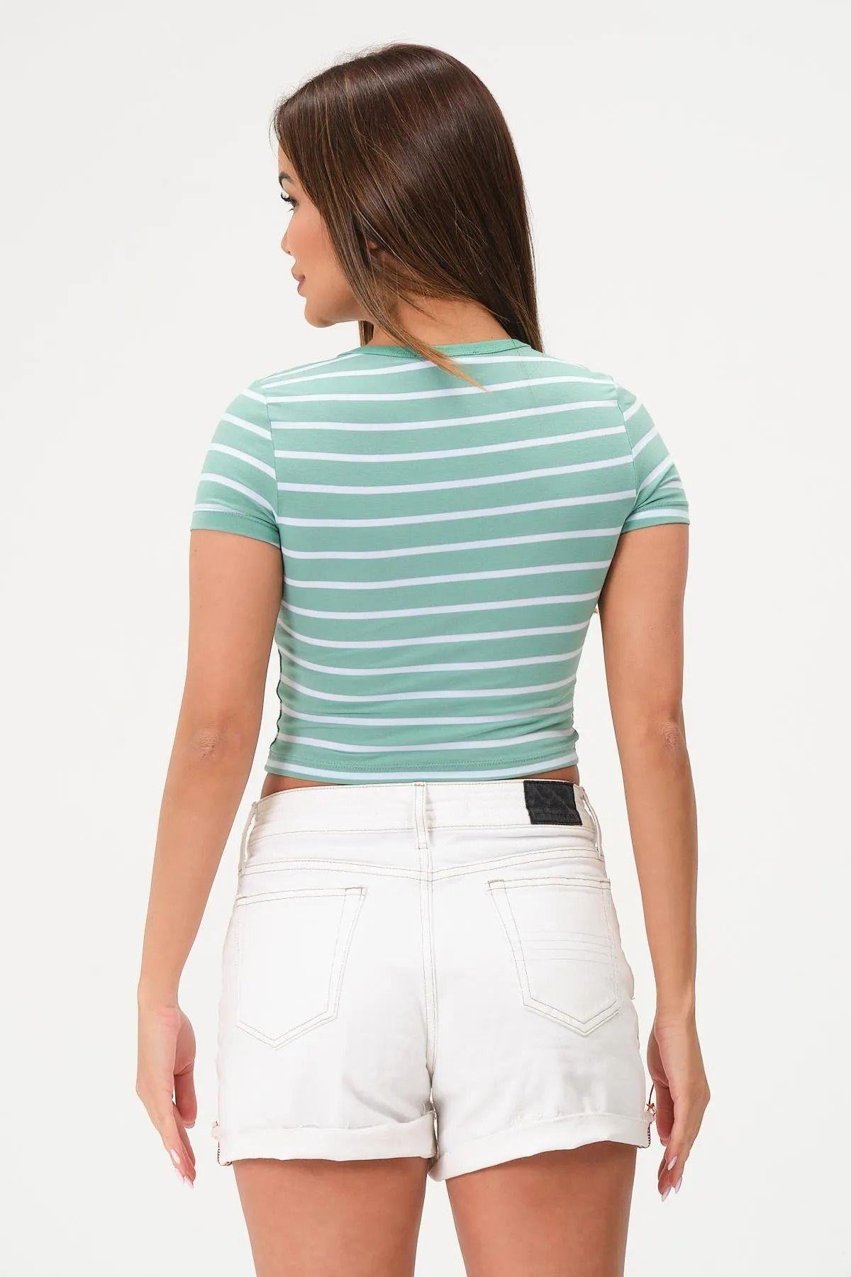 Kadın 3'lü Paket Yeşil-Pembe-Mavi Crop Tişört Pamuk V Yaka T-Shirt