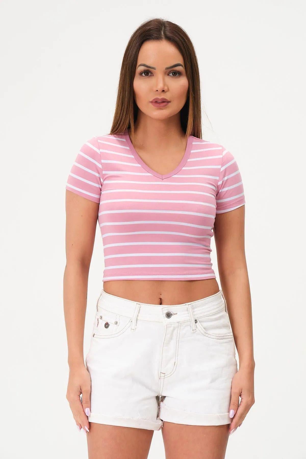 Kadın 3'lü Paket Yeşil-Pembe-Mavi Crop Tişört Pamuk V Yaka T-Shirt