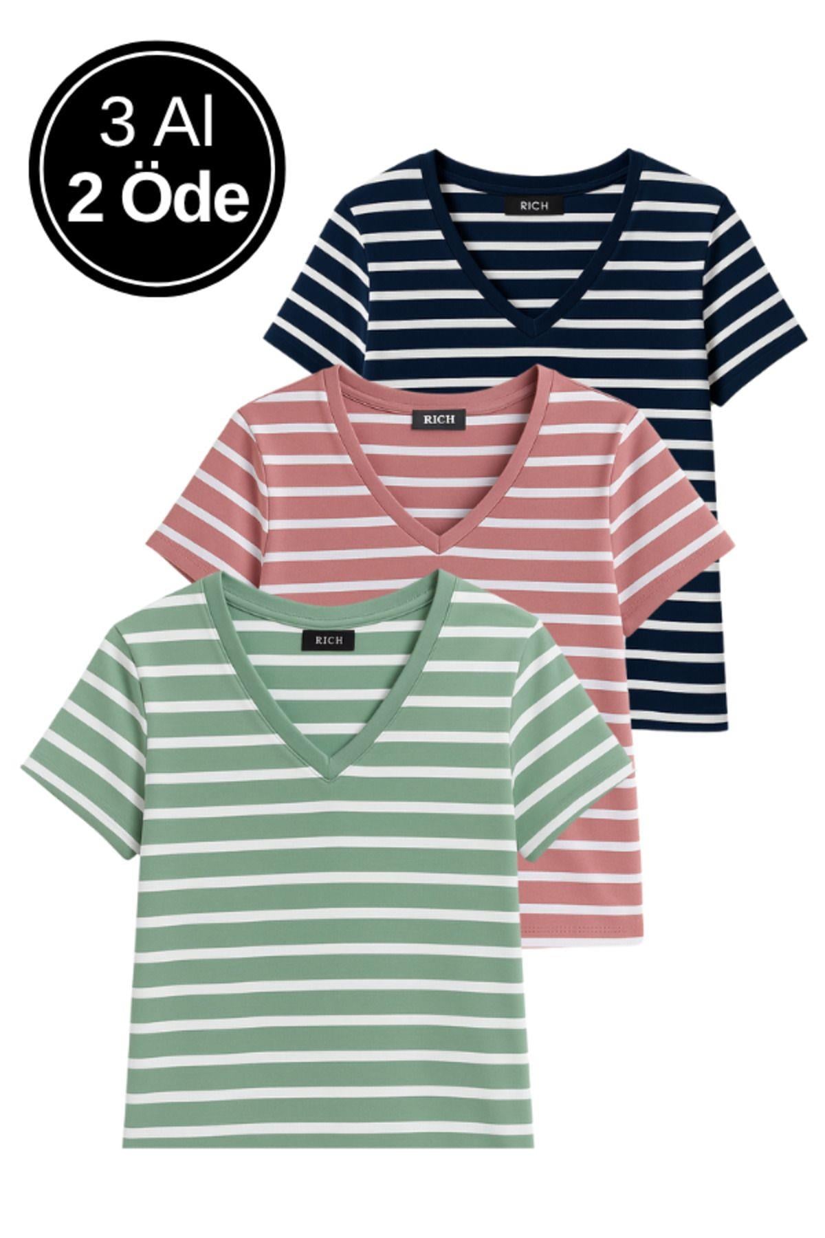 Kadın 3'lü Paket Yeşil-Pembe-Mavi Crop Tişört Pamuk V Yaka T-Shirt