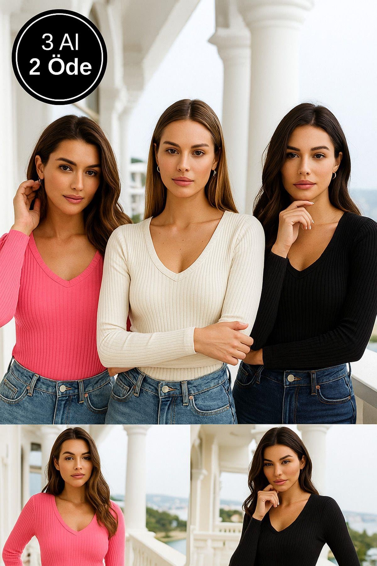 Kadın 3'lü Siyah-Beyaz-Pembe Basic Paket Pamuklu Nefes Alabilen Kumaş - Vücudu Saran Uzun Kollu Bluz