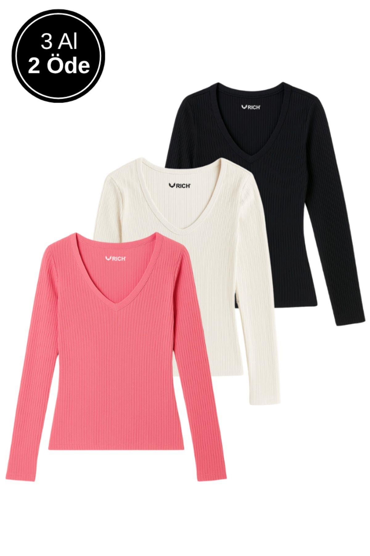 Kadın 3'lü Siyah-Beyaz-Pembe Basic Paket Pamuklu Nefes Alabilen Kumaş - Vücudu Saran Uzun Kollu Bluz
