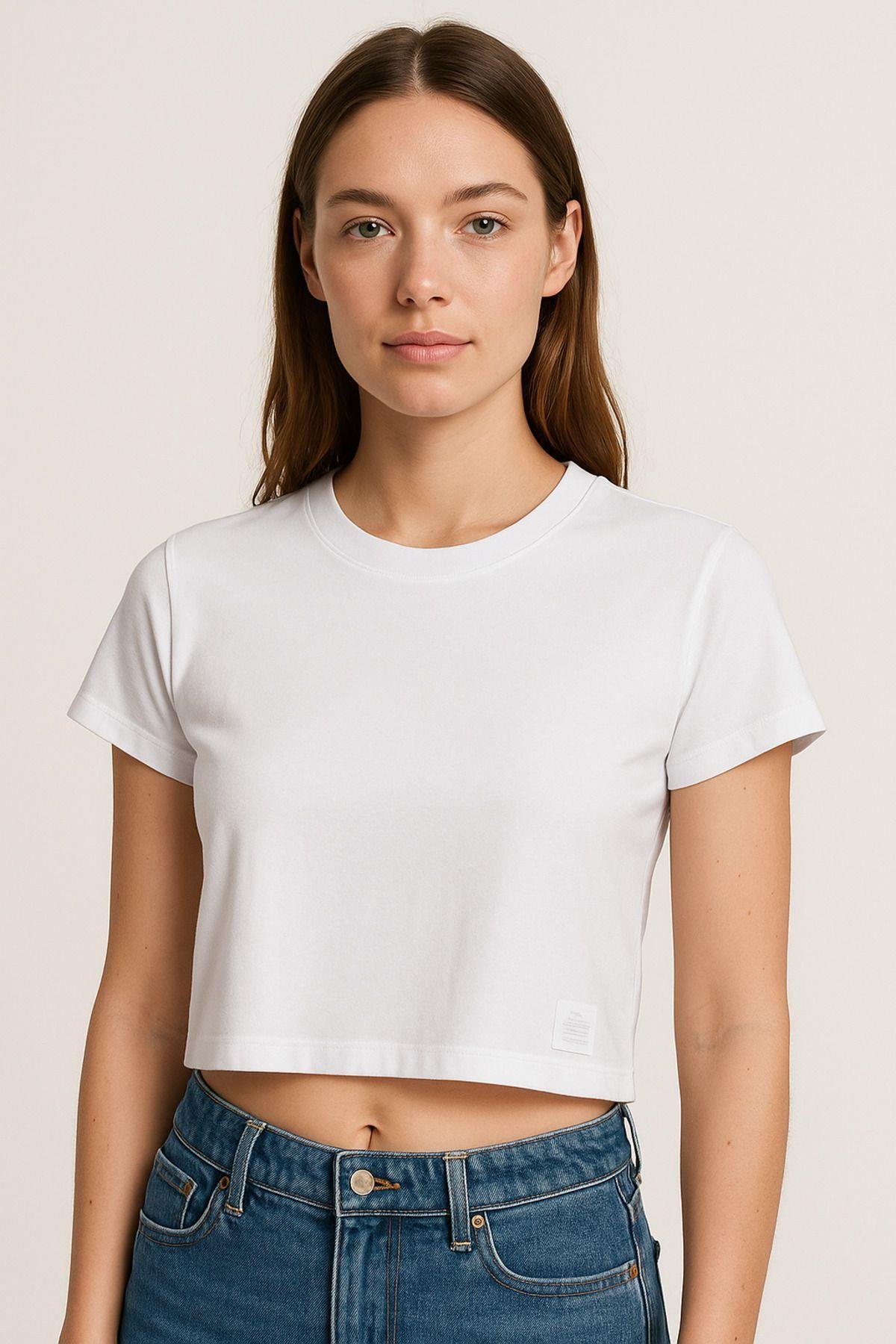 Kadın 4'lü Paket Oversize Crop Tişört %100 Pamuk Bisiklet Yaka T-Shirt