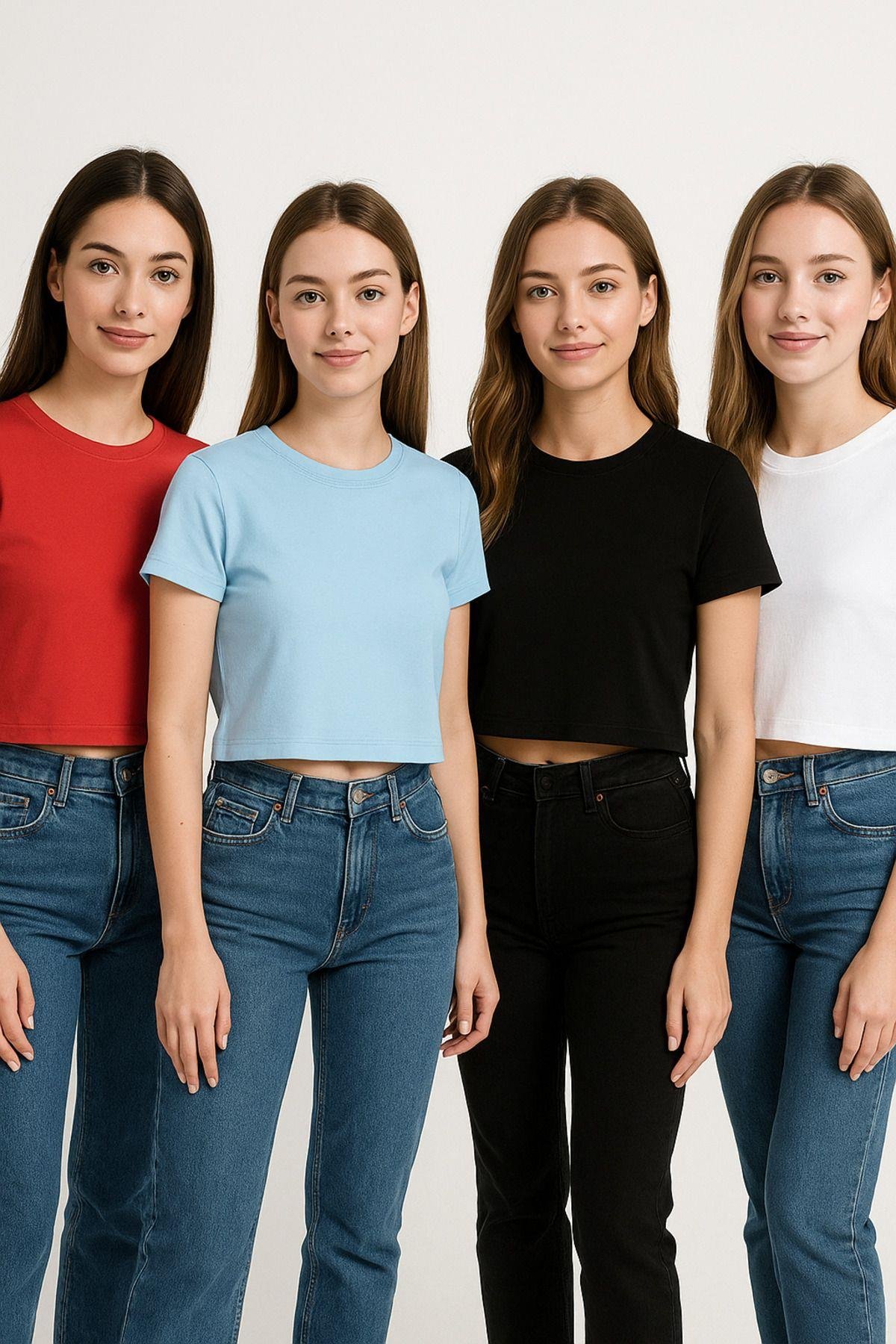 Kadın 4'lü Paket Oversize Crop Tişört %100 Pamuk Bisiklet Yaka T-Shirt