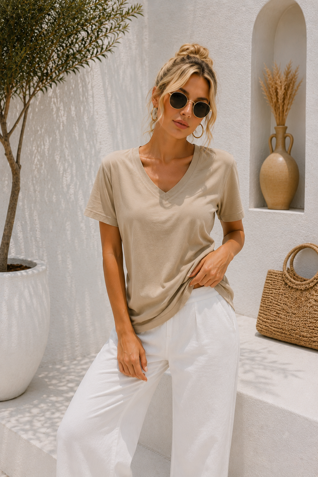 Kadın Açık Bej Yumuşak Dokulu İnterlock V Yaka Basic T-Shirt