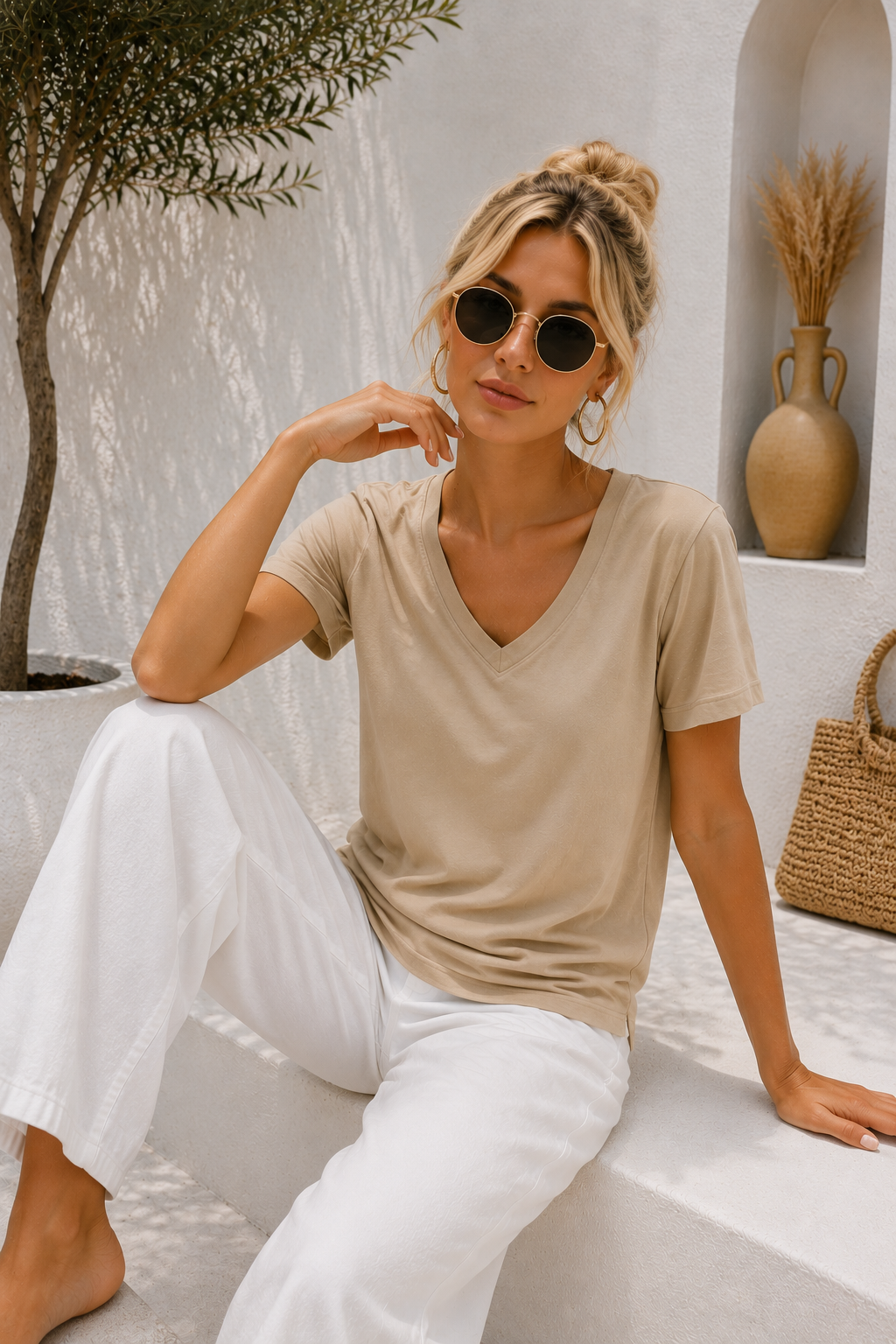 Kadın Açık Bej Yumuşak Dokulu İnterlock V Yaka Basic T-Shirt