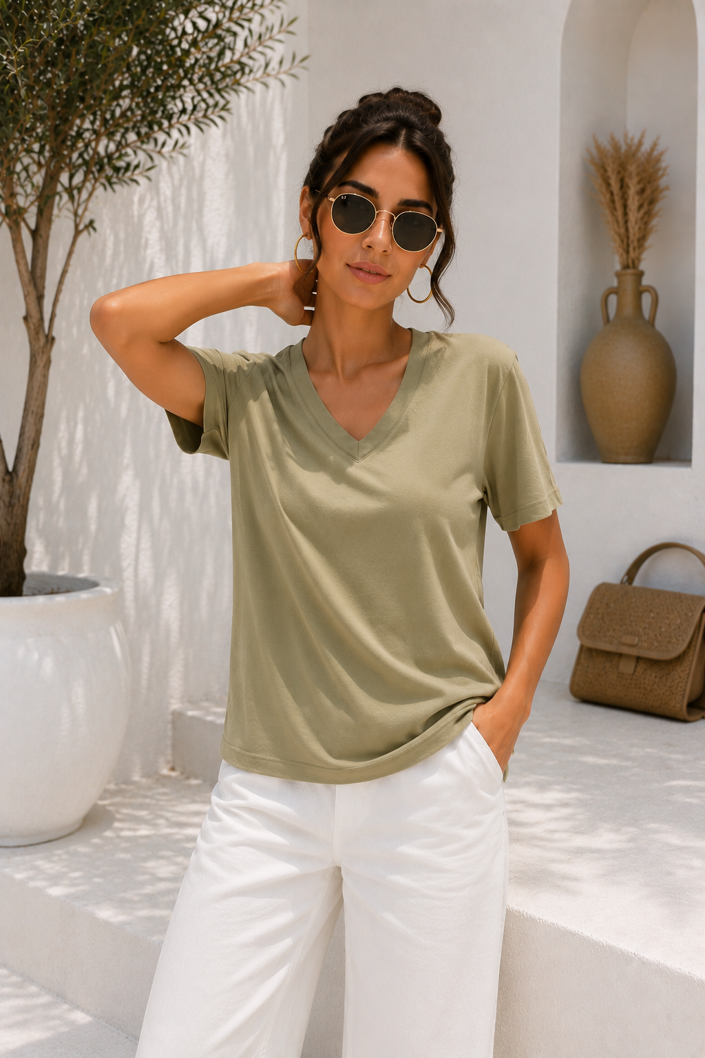 Kadın Açık Haki Yumuşak Dokulu İnterlock V Yaka Basic T-Shirt