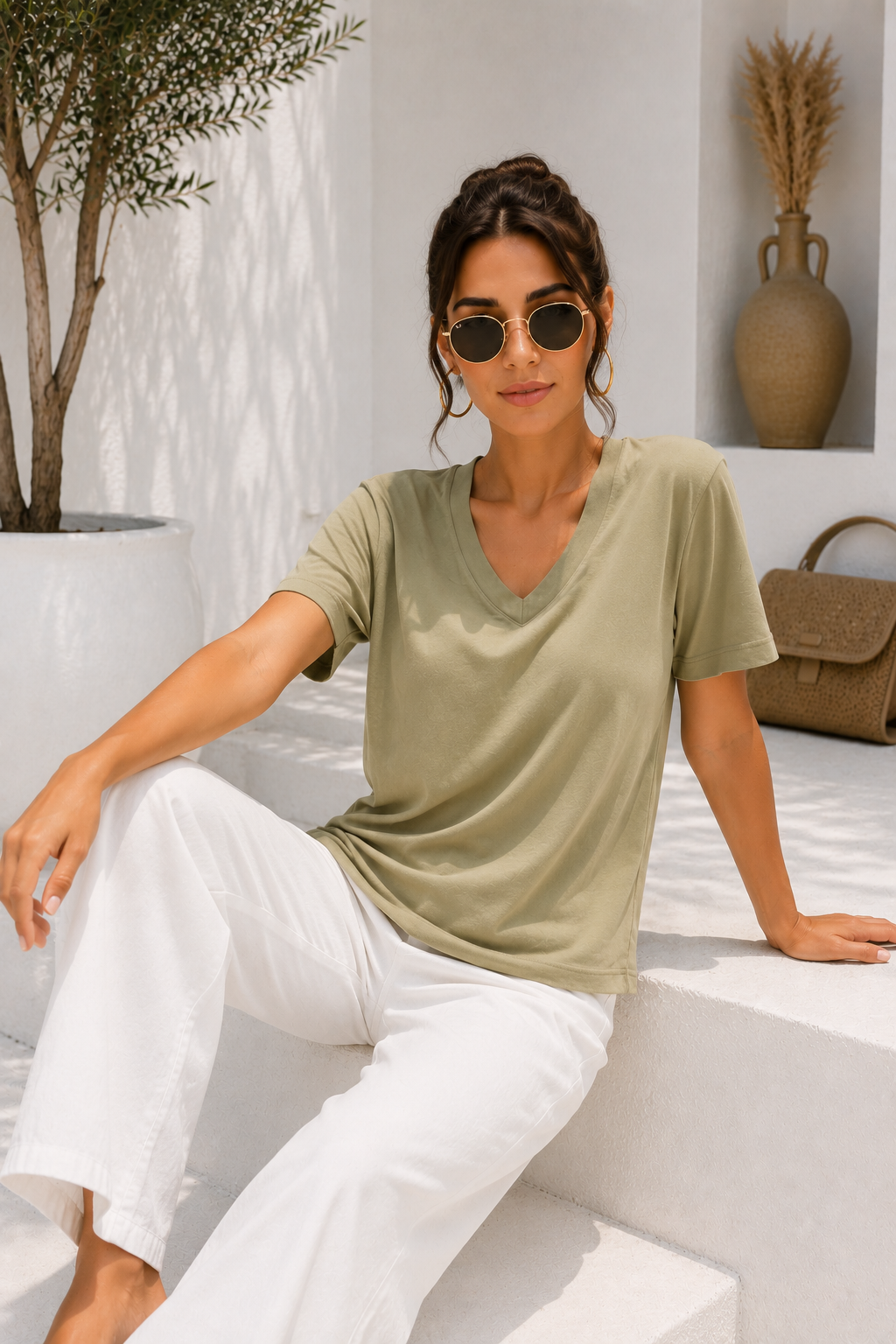 Kadın Açık Haki Yumuşak Dokulu İnterlock V Yaka Basic T-Shirt