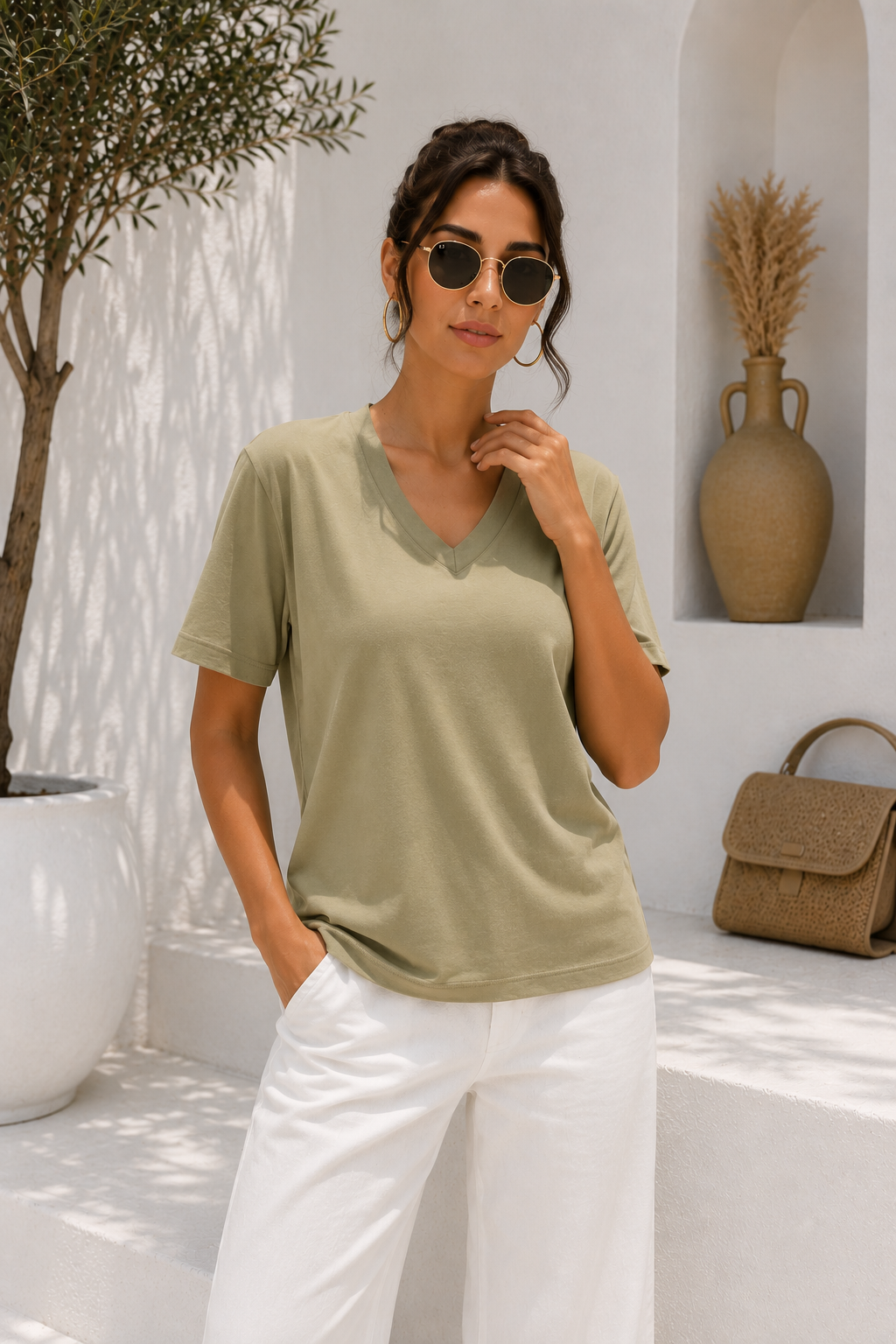 Kadın Açık Haki Yumuşak Dokulu İnterlock V Yaka Basic T-Shirt