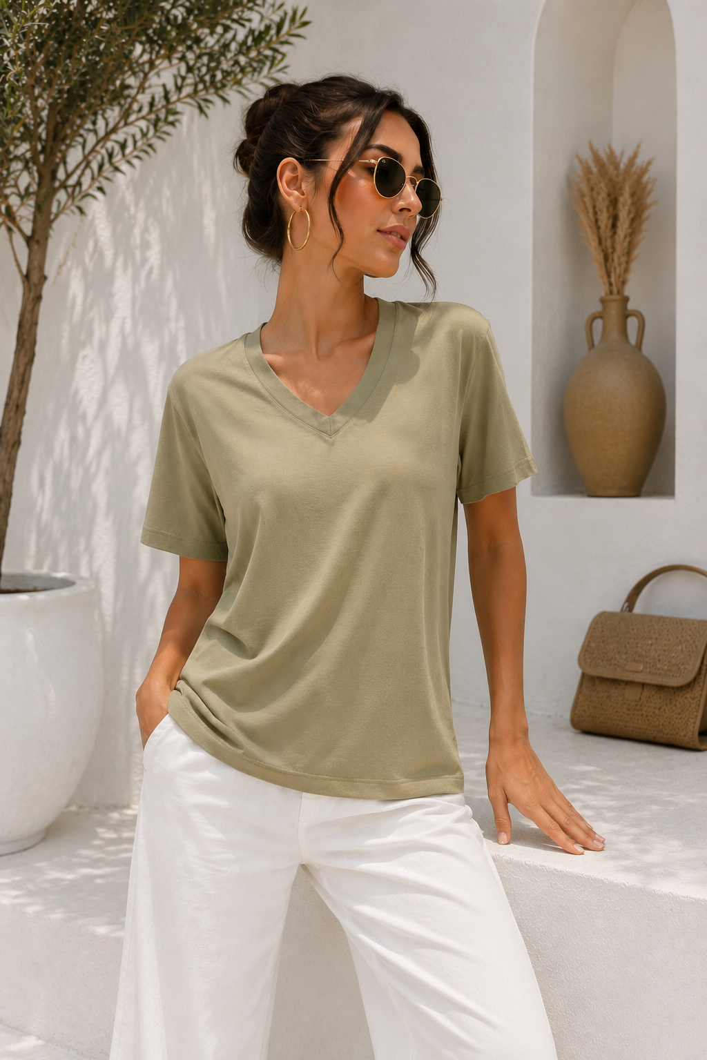 Kadın Açık Haki Yumuşak Dokulu İnterlock V Yaka Basic T-Shirt