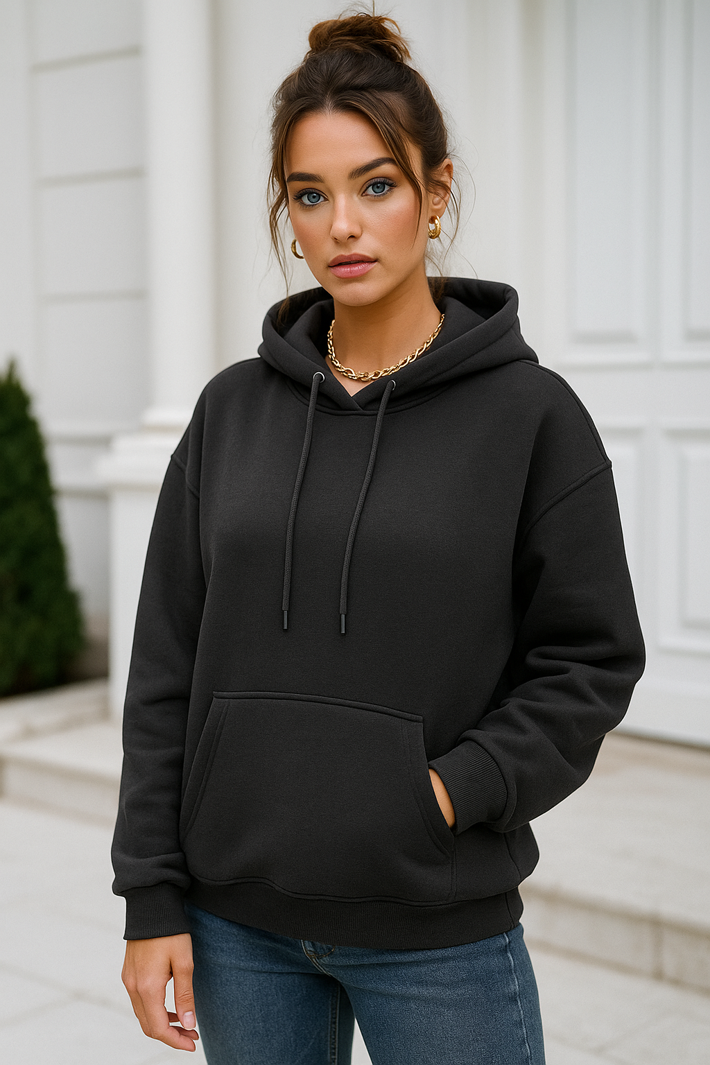 Kadın Antrasit Kanguru Cepli Kapüşonlu Scuba Sweatshirt