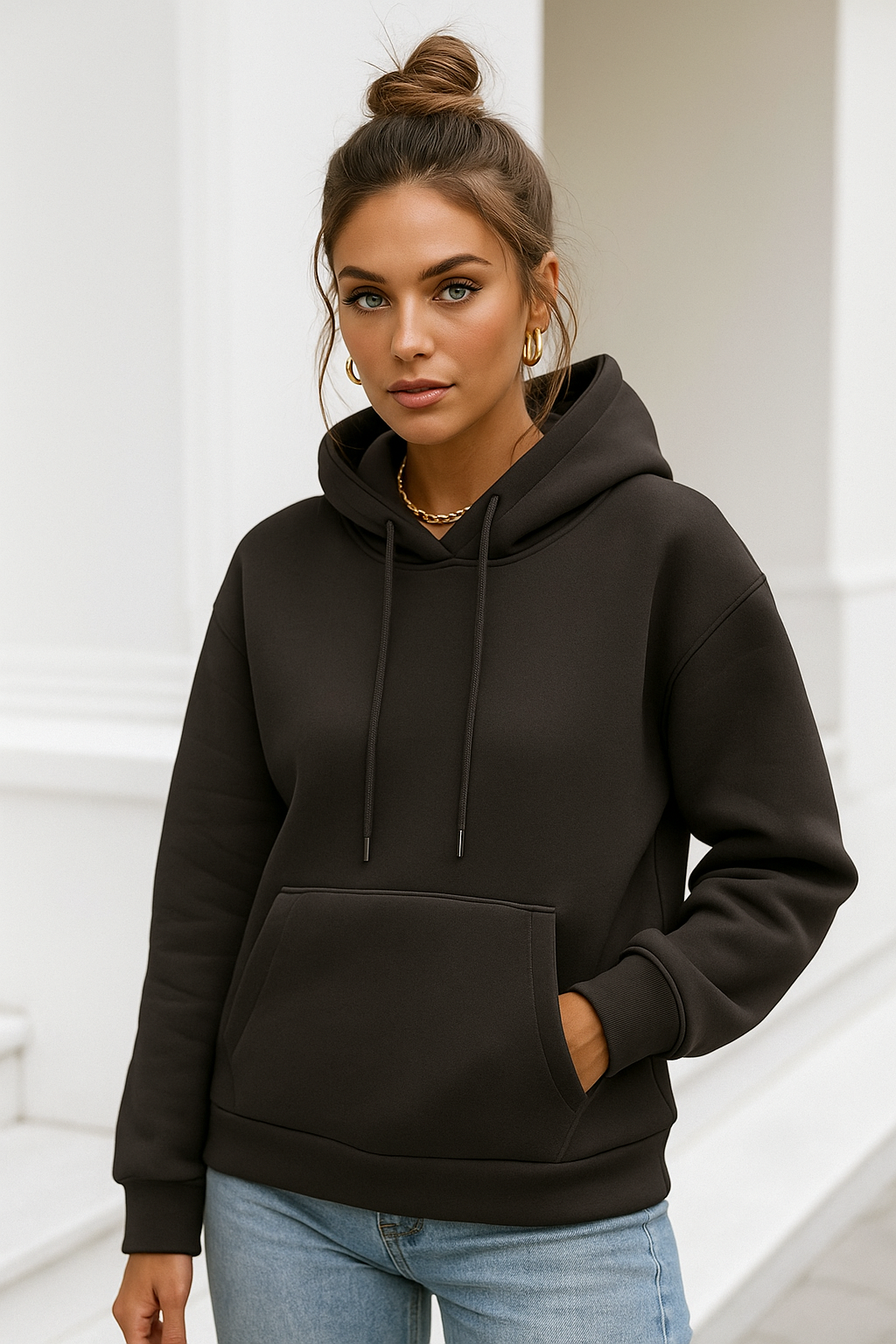 Kadın Antrasit Kanguru Cepli Kapüşonlu Scuba Sweatshirt