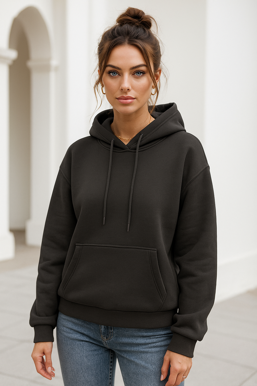 Kadın Antrasit Kanguru Cepli Kapüşonlu Scuba Sweatshirt
