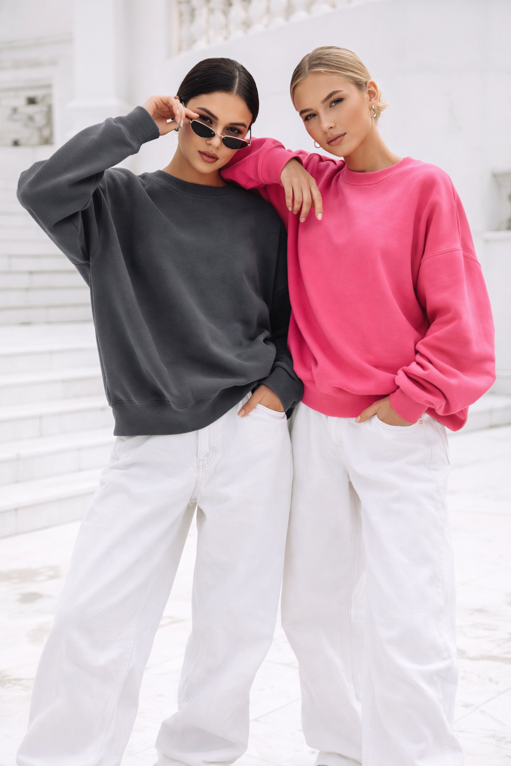 Kadın Antrasit-Pembe 2'li Paket İnterlok Oversize Sweatshirt