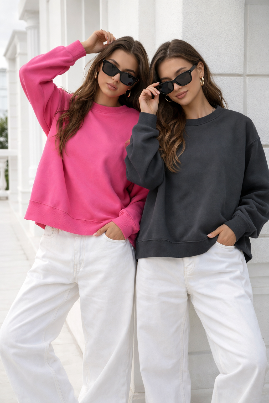 Kadın Antrasit-Pembe 2'li Paket İnterlok Oversize Sweatshirt