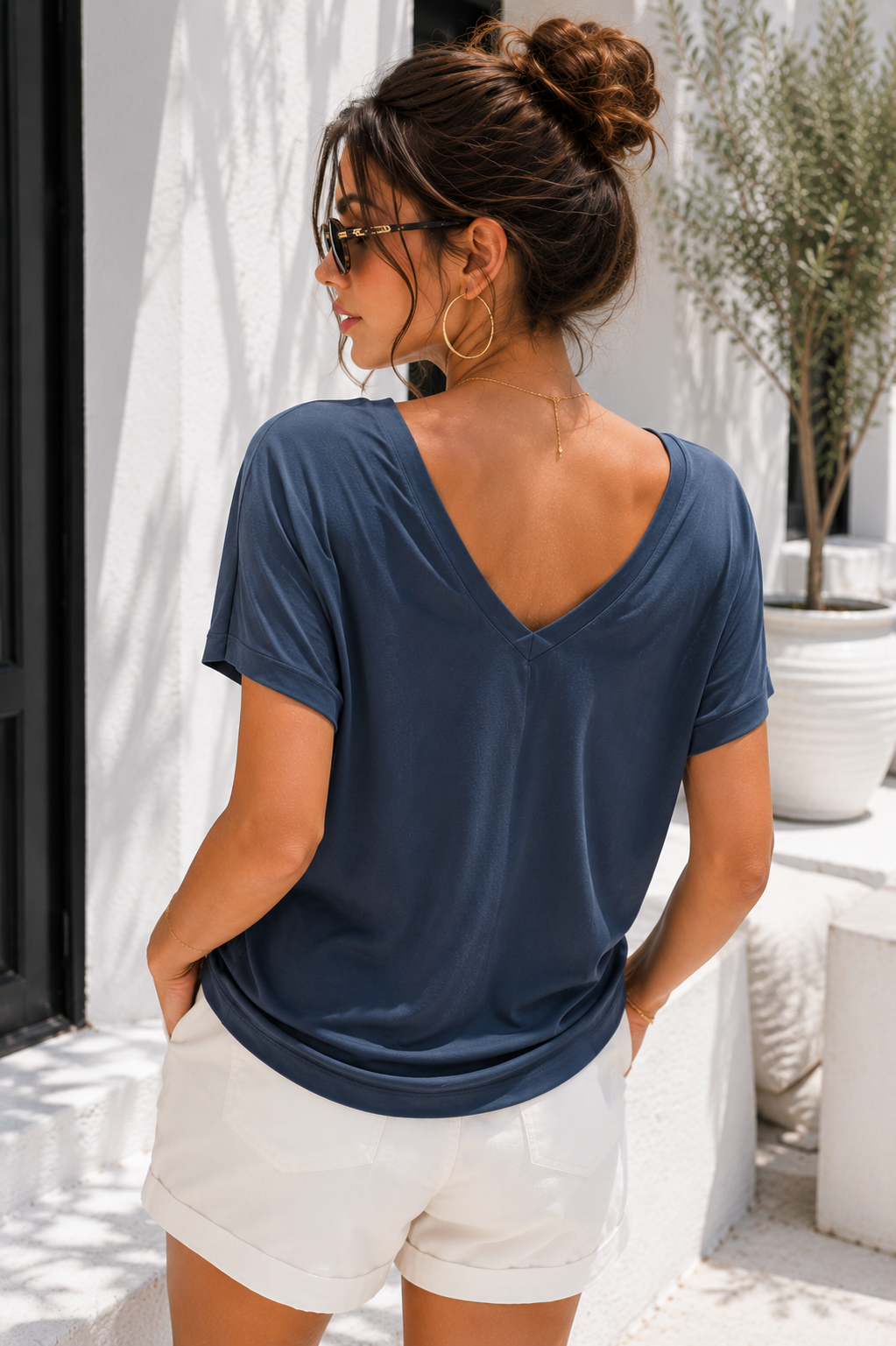 Kadın Antrasit Viskon Ön Arka V Yakalı T-shirt Yarasa Kol Relaxed Bluz