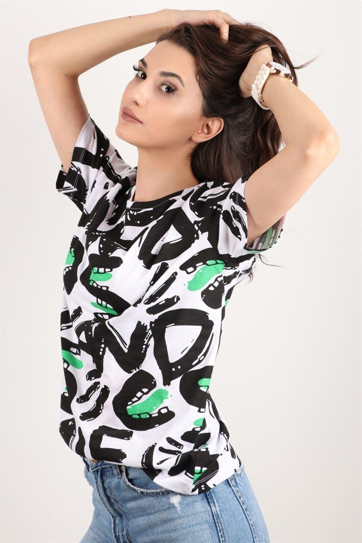 Kadın Baskılı Bisiklet Yaka Oversize T-shirt