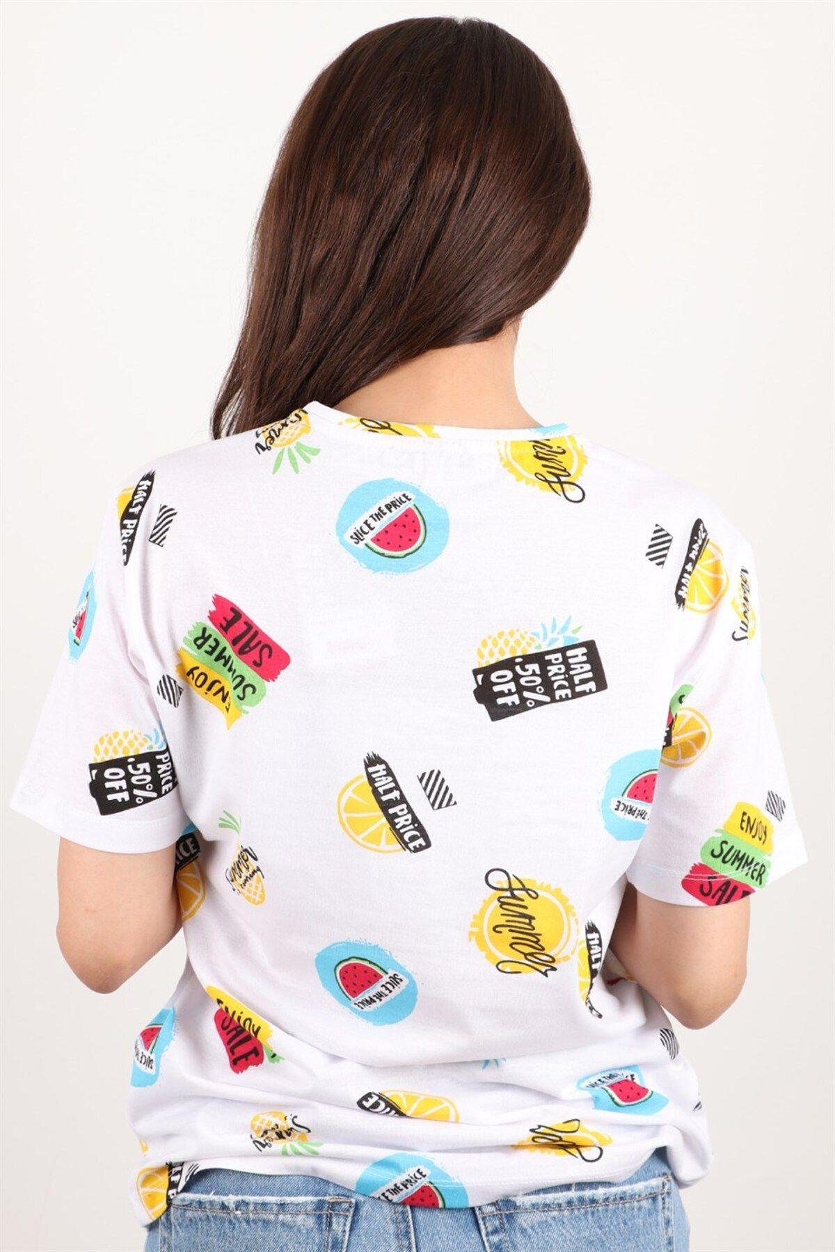 Kadın Baskılı Bisiklet Yaka Oversize T-shirt
