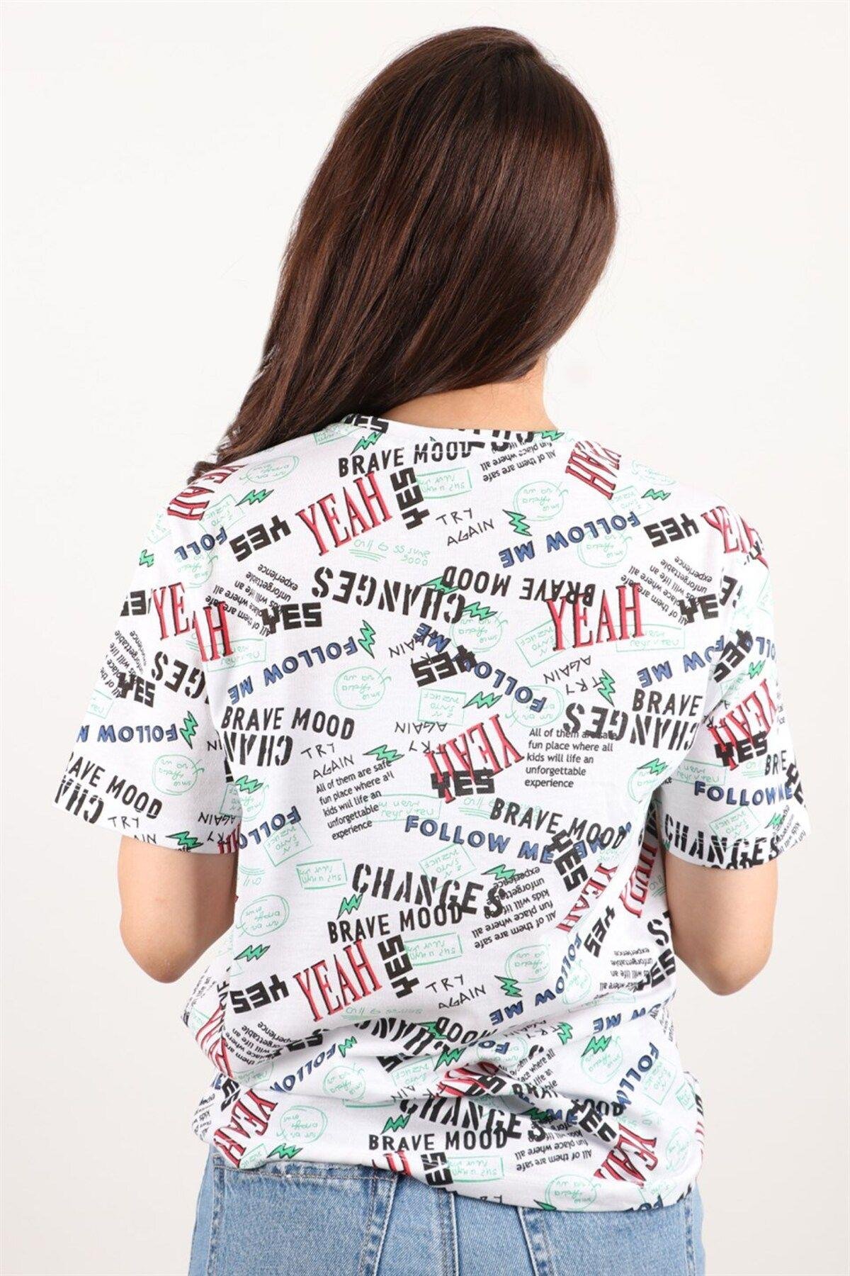 Kadın Baskılı Bisiklet Yaka Oversize T-shirt