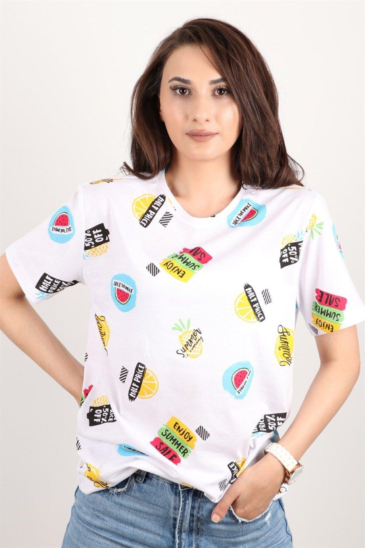 Kadın Baskılı Bisiklet Yaka Oversize T-shirt