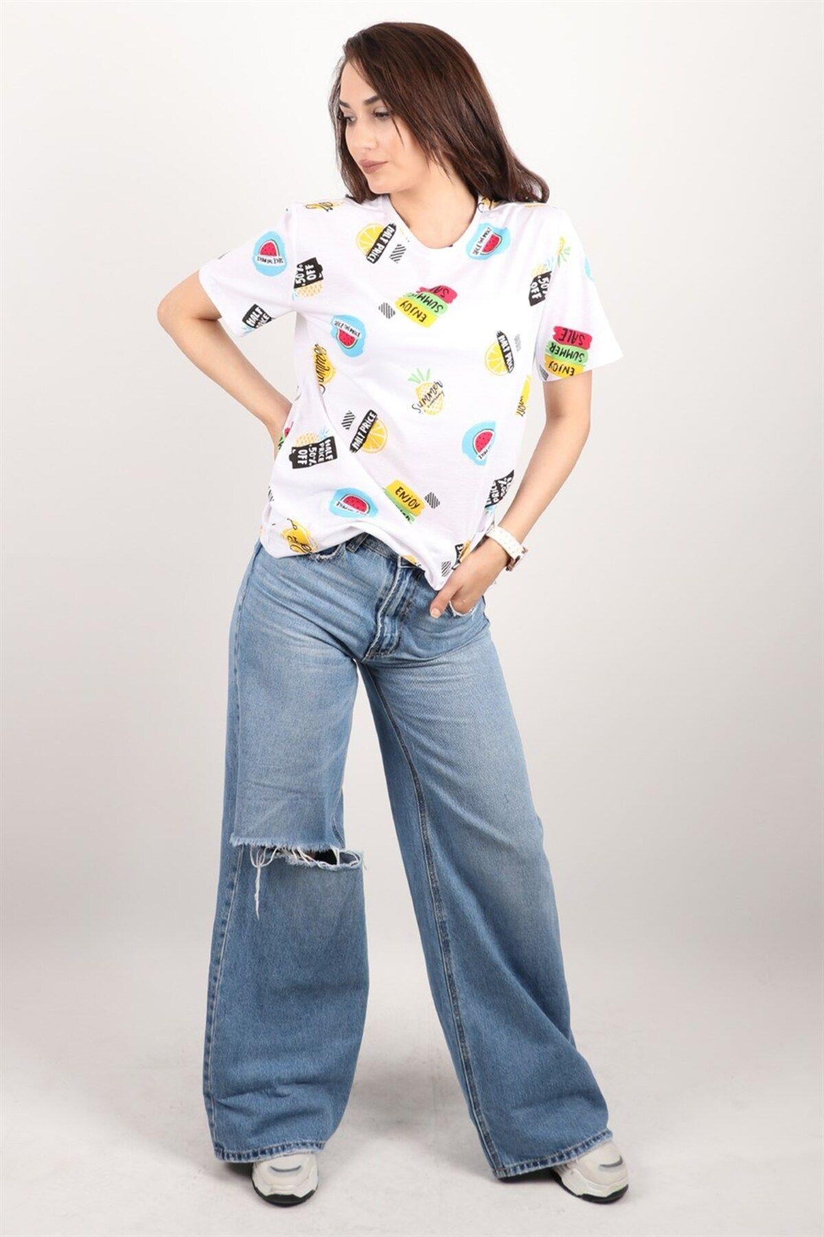 Kadın Baskılı Bisiklet Yaka Oversize T-shirt