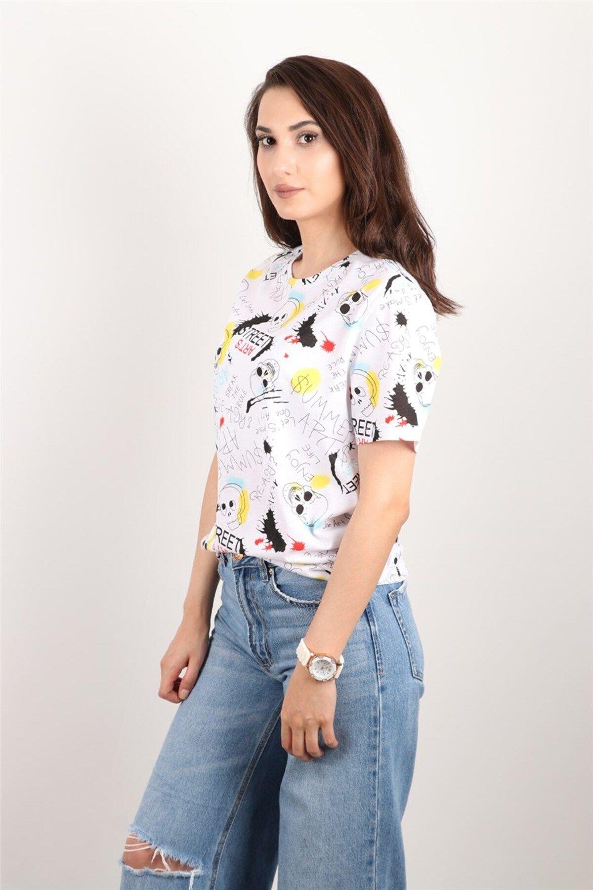 Kadın Baskılı Bisiklet Yaka Oversize T-shirt