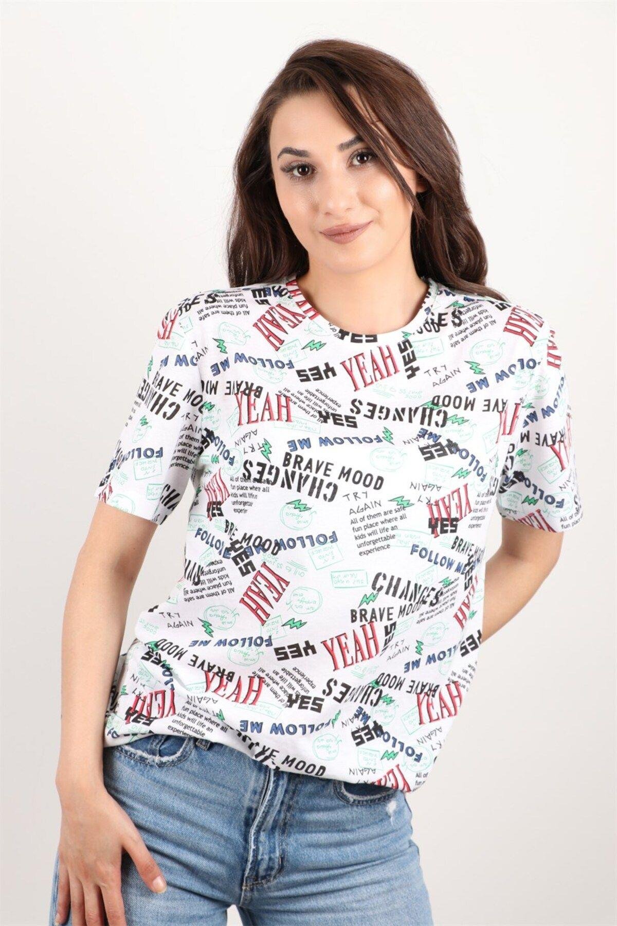 Kadın Baskılı Bisiklet Yaka Oversize T-shirt