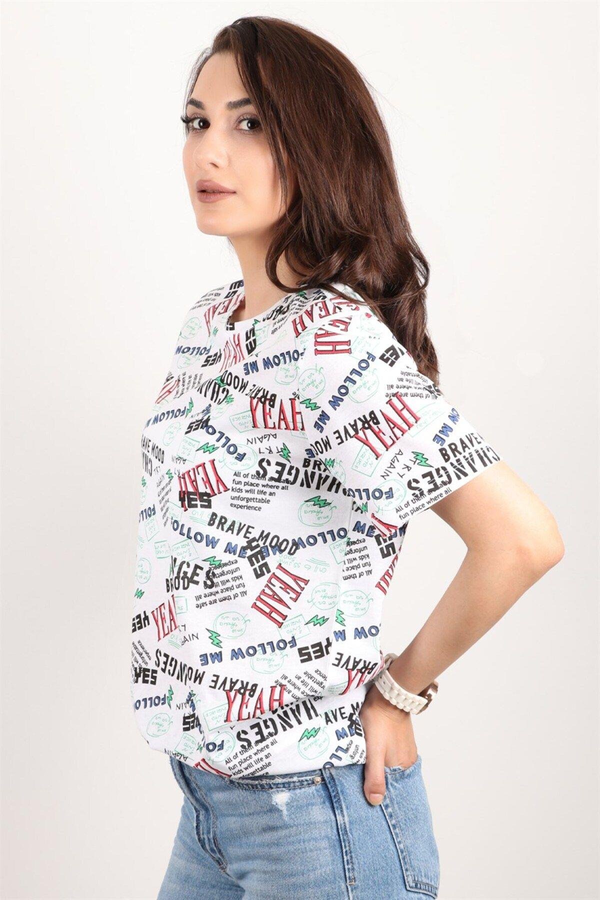 Kadın Baskılı Bisiklet Yaka Oversize T-shirt